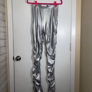 SHEIN Silver Metallic Ruched Leggings, Stacked Stretch Pants Size 6